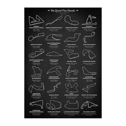 Black poster of formula 1 racing circuits