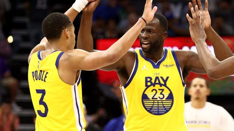 Jordan Poole and Draymond Green of the Golden State Warriors.