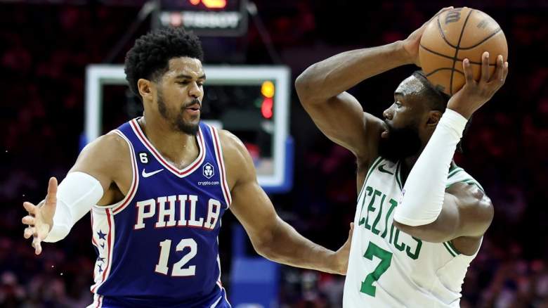 Tobias Harris guards Jaylen Brown