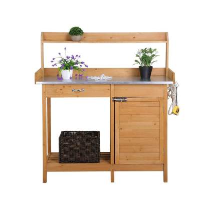 wood potting bench with metal worktop