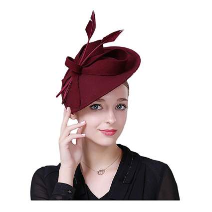 burgundy pillbox fascinator hat